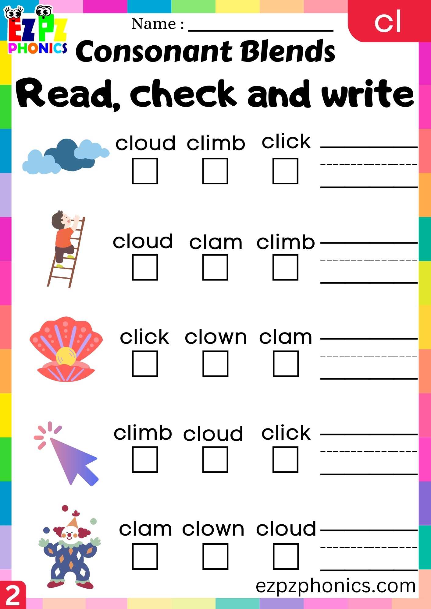 Group2 CL Words Read, Check And Write Phonics Consonant Blends Worksheet